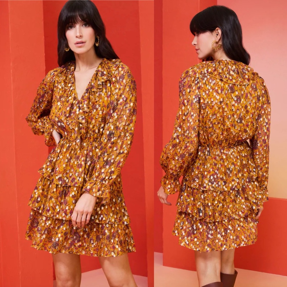 Marie Oliver Marigold Harvest Una silk Dress size XS metallic ruffle tiered